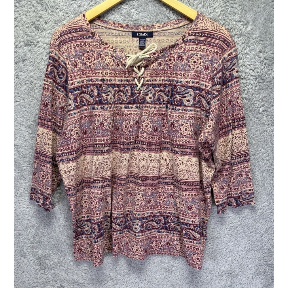 Chaps Womens 2X XXL Purple Floral Peasant Top V Neck Tassel Popover Boho Top